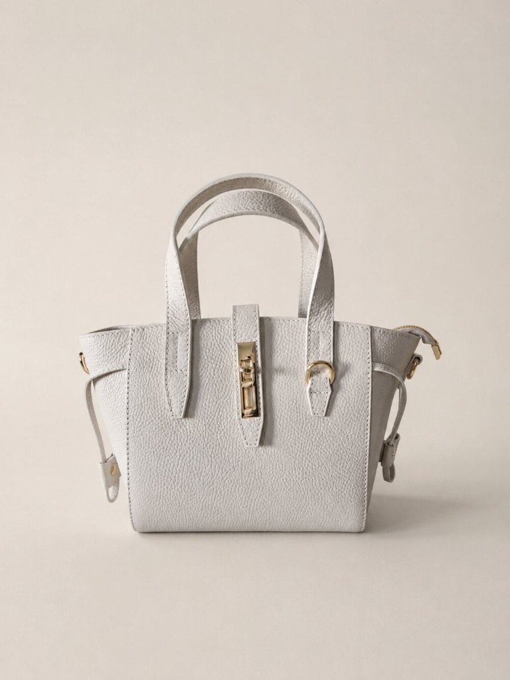 Beige Italian Leather Crossbody Top Handle Bag, Pebbled Leather Purse - Picture 13 of 16